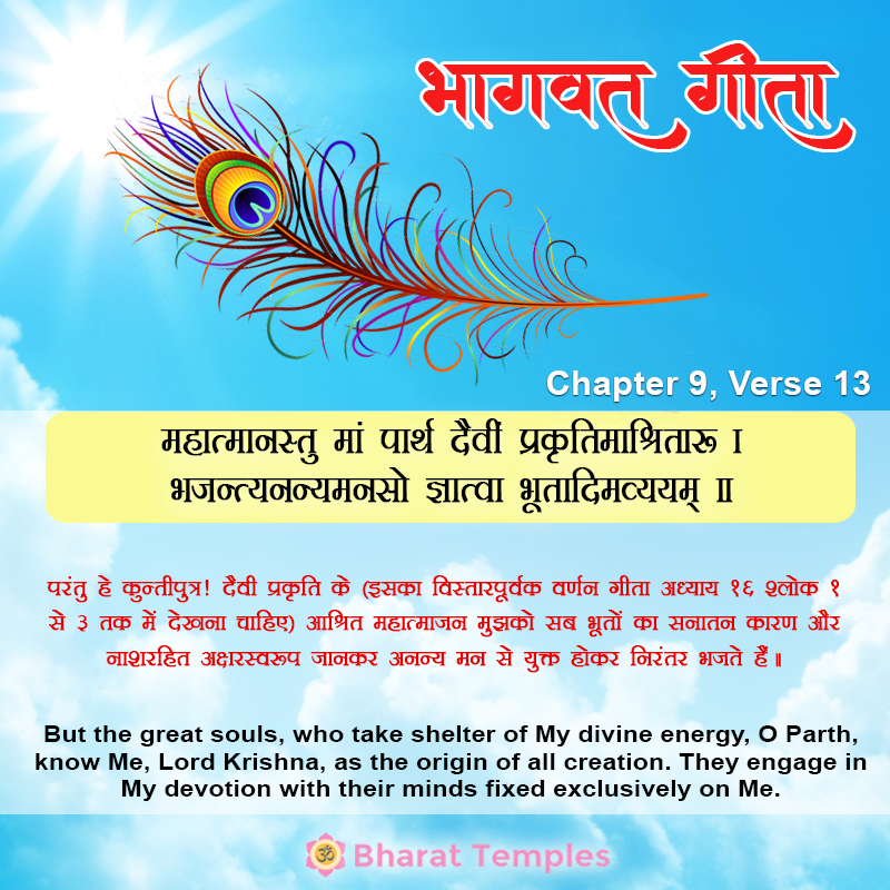 महात्मानस्तु मां पार्थ दैवीं प्रकृतिमाश्रिताः । भजन्त्यनन्यमनसो ज्ञात्वा भूतादिमव्यम्‌ ॥