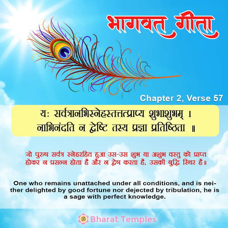 यः सर्वत्रानभिस्नेहस्तत्तत्प्राप्य शुभाशुभम्‌ । नाभिनंदति न द्वेष्टि तस्य प्रज्ञा प्रतिष्ठिता ॥